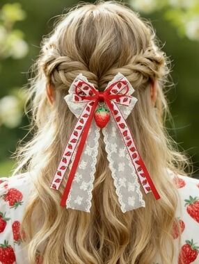 🍓 Strawberries & White Lace 3 Layer Bow Hair Clip W/Strawberry Charm (OS) 🍓😍